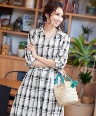 Tiaclasse L 【洗える】小顔効果も期待できるスキッパーシャツワンピース オフチェック