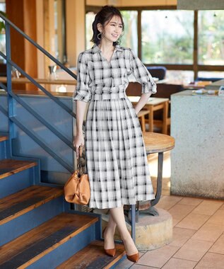 Tiaclasse L 【洗える】小顔効果も期待できるスキッパーシャツワンピース オフチェック