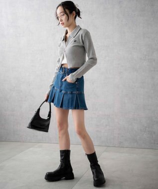 WEGO ベルト付デニムプリーツスカパン デニム中濃加工色