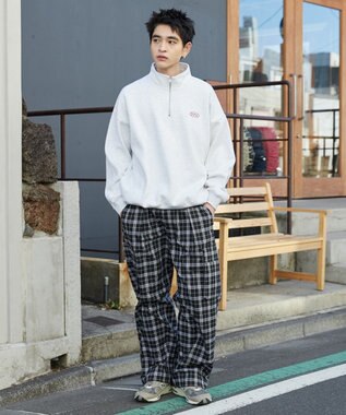 WEGO 【ウエストゴム/MLサイズ展開】イージーワイドカーゴスラックス ブラックチェック1