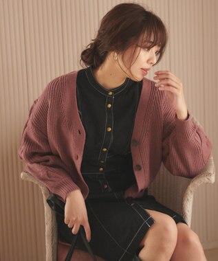 Feroux 【洗える】サイドケーブルバルキー カーディガン ピンク系