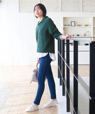 ANY 【洗濯機可】スキッパーソフトタッチアラン柄ニット グリーン