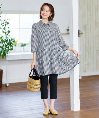 Tiaclasse L 【洗える】1枚で大人華やぐ2段ティアードシャツチュニック ブラックチェック
