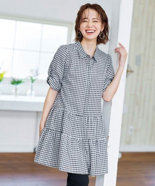 Tiaclasse L 【洗える】1枚で大人華やぐ2段ティアードシャツチュニック ブラックチェック