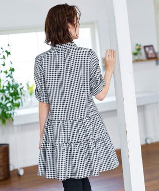 Tiaclasse L 【洗える】1枚で大人華やぐ2段ティアードシャツチュニック ブラックチェック