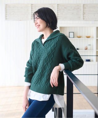 ANY 【洗濯機可】スキッパーソフトタッチアラン柄ニット グリーン