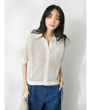 CRAFT STANDARD BOUTIQUE 配色メッシュニットカーディガン Ivory