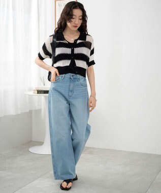 WEGO 襟付きメッシュニットショートカーデ ブラックボーダー