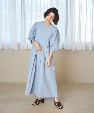 #Newans 【撥水加工/洗濯機可能】〈小柄さんにお勧め〉パフスリーブフレアワンピース ブルーグレー