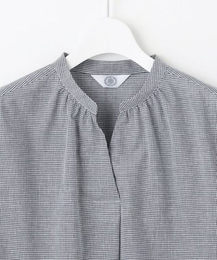 J.PRESS LADIES 【洗える】リネンminiチェック バンドカラー プルオーバー ブラウス ネイビー系