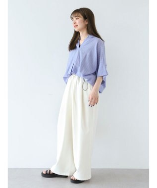 Green Parks 綿麻混スキッパーシャツ Stripe Sax