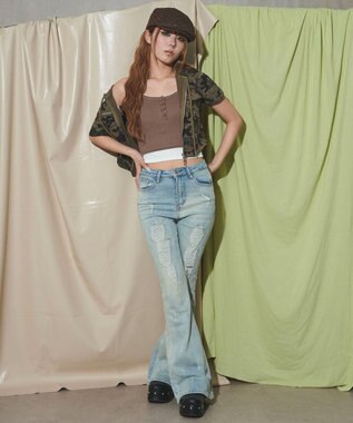 WEGO 【美脚】ダメージフレアデニム デニム淡色