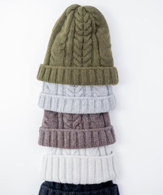 AND WOOL 〈上質な素材と手仕事から生まれた優しいニット〉メリノウール・ケーブル編みニット帽子 カーキ