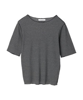 Green Parks メローリブ５分袖ボーダープルオーバー Navy