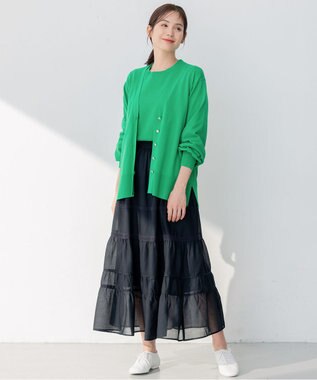 組曲 【ビジューボタン・アンサンブル対応】ハイゲージ ロングVネックカーディガン ダークグリーン系