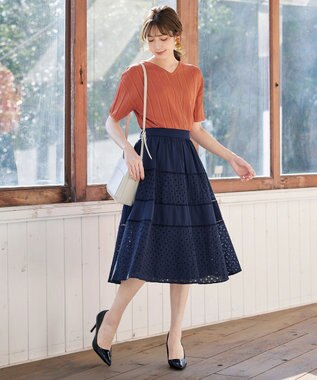 Tiaclasse 【洗える】プリーツ編みVネックニットトップス オレンジ