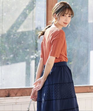 Tiaclasse 【洗える】プリーツ編みVネックニットトップス オレンジ