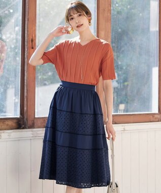 Tiaclasse 【洗える】プリーツ編みVネックニットトップス オレンジ