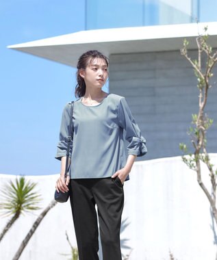 Tiaclasse 【洗える】ねじりリボン袖ブラウス ブルー