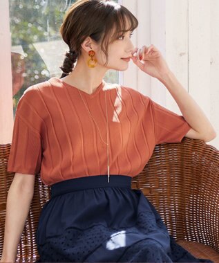 Tiaclasse 【洗える】プリーツ編みVネックニットトップス オレンジ
