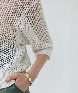 BEIGE， 【洗える】ALOE / コットンメッシュ半袖クルーネックニット Ecru