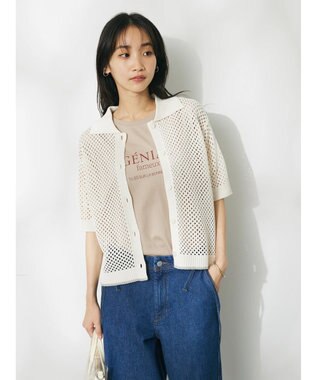 CRAFT STANDARD BOUTIQUE 配色メッシュニットカーディガン Ivory
