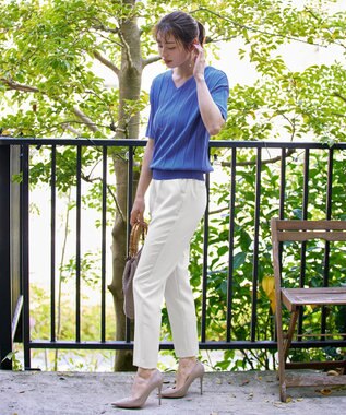 Tiaclasse 【洗える】プリーツ編みVネックニットトップス ブルー