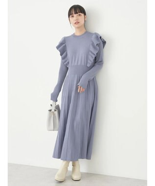 earth music&ecology ショルダーフリルニットワンピース Blue