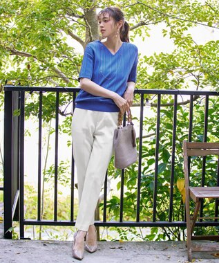 Tiaclasse 【洗える】プリーツ編みVネックニットトップス ブルー