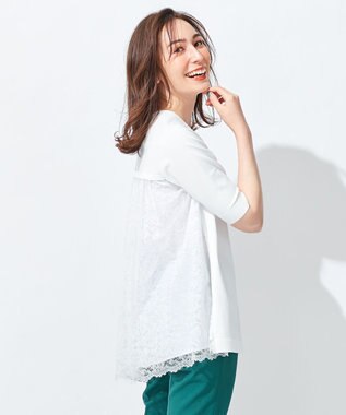 自由区 【洗える】クレープストレッチ バックレース ニット ホワイト系