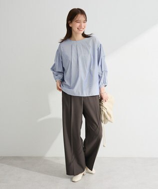 Green Parks イージーケア袖タックブラウス Stripe Blue