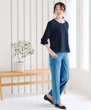 Tiaclasse 【洗える】ねじりリボン袖ブラウス ネイビー