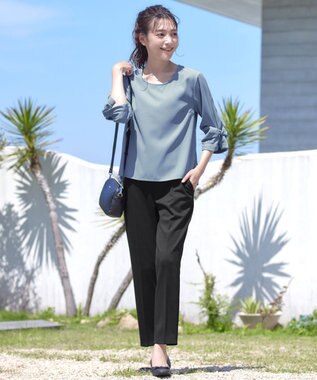 Tiaclasse 【洗える】ねじりリボン袖ブラウス ブルー