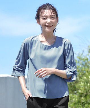 Tiaclasse 【洗える】ねじりリボン袖ブラウス ブルー