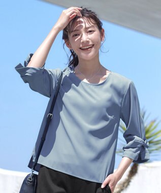 Tiaclasse 【洗える】ねじりリボン袖ブラウス ブルー