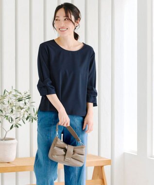 Tiaclasse 【洗える】ねじりリボン袖ブラウス ネイビー