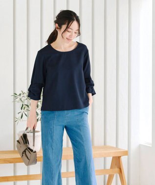 Tiaclasse 【洗える】ねじりリボン袖ブラウス ネイビー