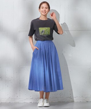 ANY 【ウエストゴム/ポケット付】シャンブレーライク フレアスカート ブルー