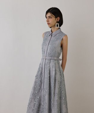GRACE CONTINENTAL フラワーライン刺繍ワンピース グレー