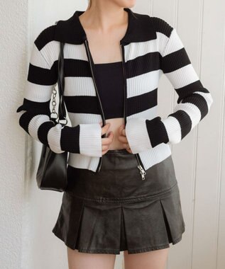 WEGO Wジップコンパクトニットカーデ ブラックボーダー