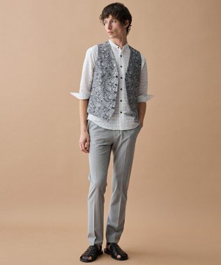 JOSEPH ABBOUD 【キングサイズ・リネンブレンド】コットンリネン ボイルコード 七分袖 バンドカラー シャツ ホワイト系1