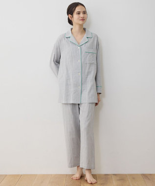 自由区 【WEB限定】オーガニックコットンパジャマ グレーストライプ×グリーン