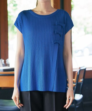 Tiaclasse 【洗える】ナナメ切替リボンニットトップス ブルー