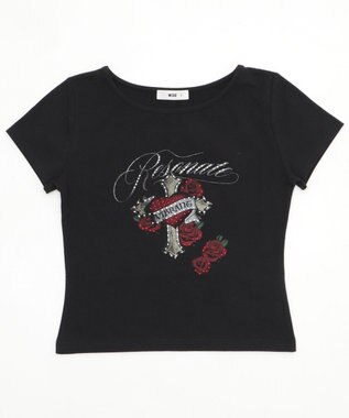 WEGO ラインストーンハートグラフィックちびT ブラック