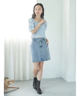 earth music&ecology ビジューデニムミニスカート Light Indigo