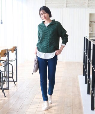 ANY 【洗濯機可】スキッパーソフトタッチアラン柄ニット グリーン