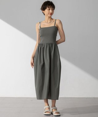 23区 S 【洗える】ブライトナイロンワッシャー ニットコンビワンピース カーキ系