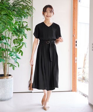 Tiaclasse 【洗える】花びらスリーブベルト付きワンピース ブラック