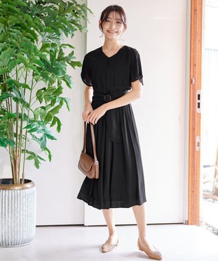 Tiaclasse 【洗える】花びらスリーブベルト付きワンピース ブラック