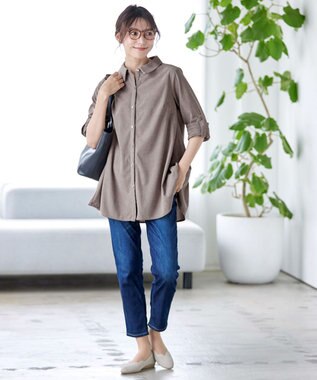 Tiaclasse L 【洗える】コーデュロイシャツチュニックブラウス モカ